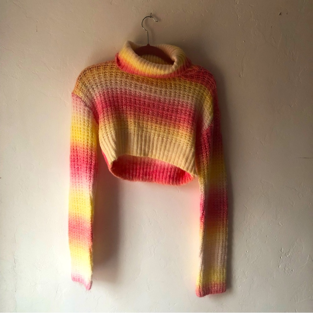 Pink and yellow striped For Love and Lemons cropped turtle neck sweater